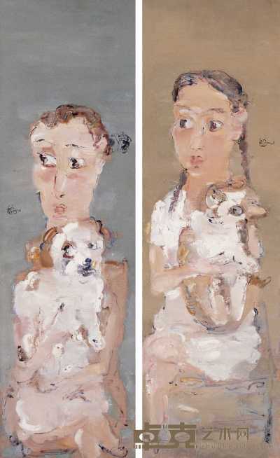 苗壮 2001年作 少女与宠物 30×100cm×2